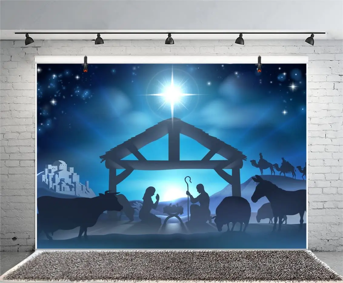 

Birth Of Jesus Photography Backdrop Christmas Night Manger Nativity Scene Silhouette Background Farm Barn Stable Christianity