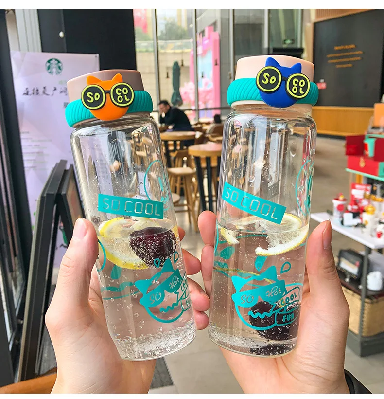 

Бутылка для воды с модным мультяшным принтом крутой кошки прозрачная стеклянная уличная портативная креативная Веселая кружка для воды дл...