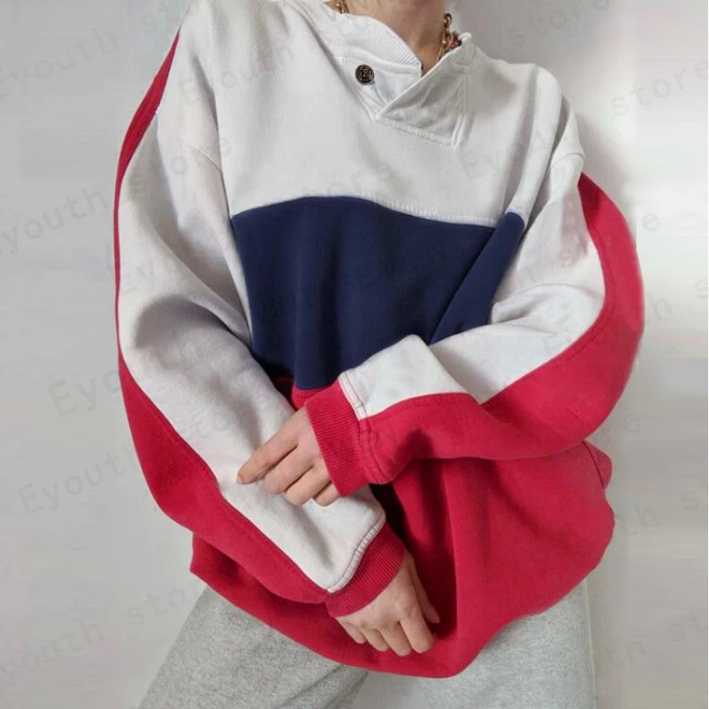 

Модные свитшоты, Повседневная Толстовка с контрастными цветами и длинным рукавом в стиле пэчворк, зима 2021, винтажный Женский свитшот, свобо...