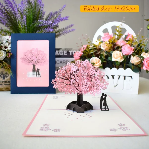 Love 3D Pop UP Cards Valentines Day Gift Postcard with Envelope Stickers Wedding Invitation Greeting Cards Anniversary for Her - Цвет: Lover Cherry tree