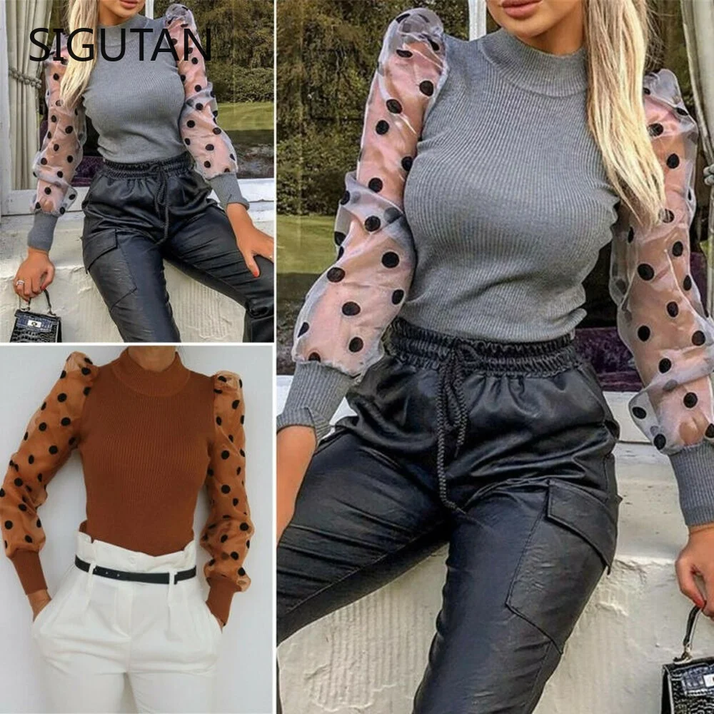 

Женский трикотажный топ в горошек, однотонный сетчатый пуловер с пышными рукавами, с длинным рукавом и высоким воротником, 2021