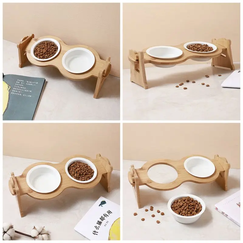 

Non-Slip Double Cat Bowl Dog Bowl With Stand Pet Feeding Cat Water Bowl Wooden Elevated Cats Food And Water Bowls Stand Feeder*