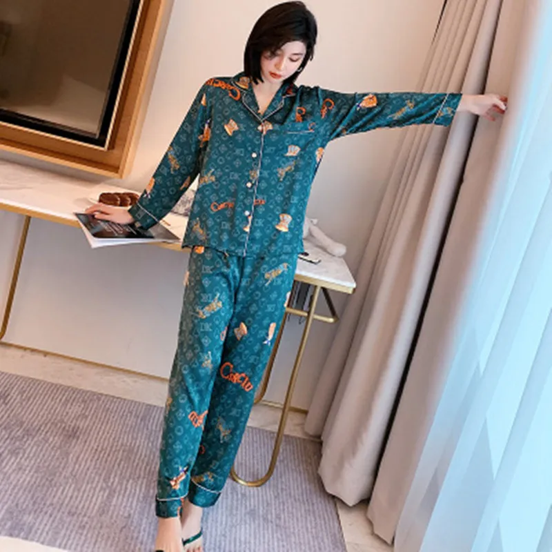 

Women's Rayon Pajamas Suit Turn-Down Collar Button Long Sleeves Shirt Pants Sexy Mom Casual Pyjama Fashion Clothes kPaCotAkoWka