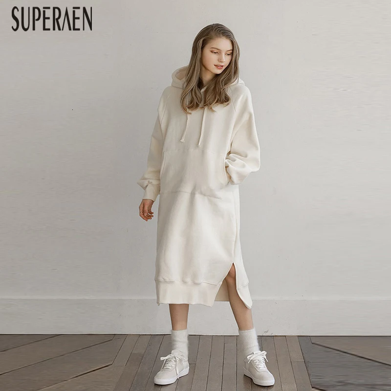 SuperAen новые хлопковые и бархатные толстовки с капюшоном женские осенние новые толстовки длинные дикие толстовки Повседневная Женская одежда