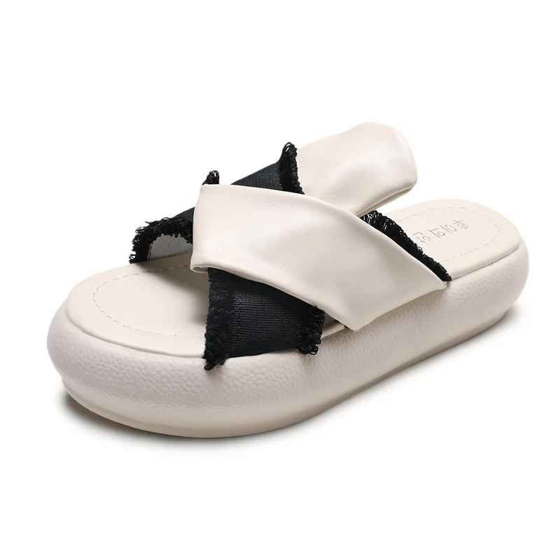 

Solid Leather Women Shoes Woman Slides 2020 New Summer Slippers Female Flat Bottom Flat Platform Beach Shoes