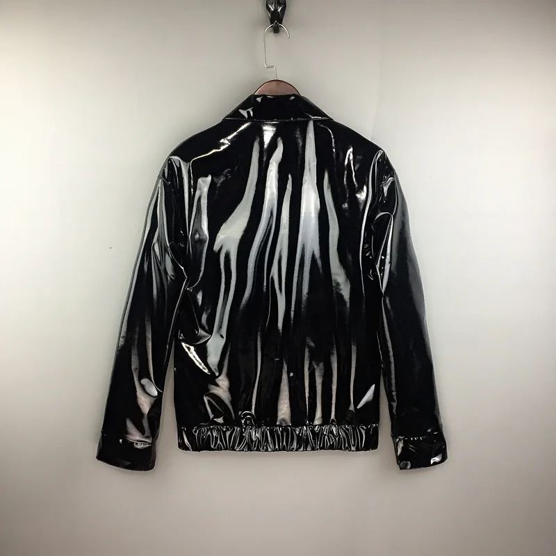 

fashion Leather New jacket male 2019 spring new pointed collar black pu patent leather Slim wild gloss jacket