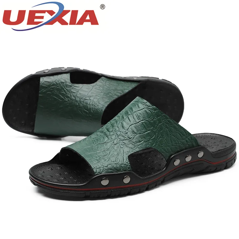 

UEXIA Men Slippers Summer Flat 2019 Summer Man Shoes Breathable Beach Slippers Split Leather Flip Flops Mens Slippers Size 38-48