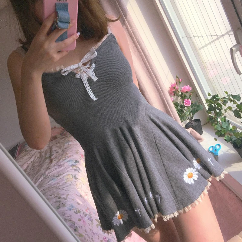 Женское платье с вышивкой Daisy хлопковое милое кружевное в стиле Харадзюку модное