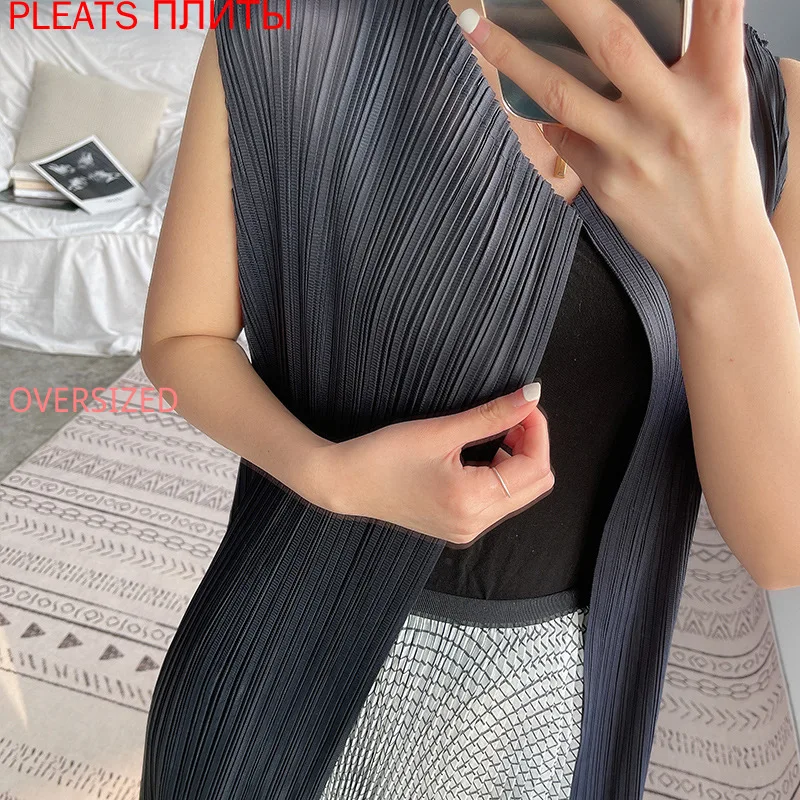 

Miyake Pleated Sleeveless Mid-length Cardigan Jacket Women 2021 Summer New Korean Temperament Casual Pure Color Windbreaker