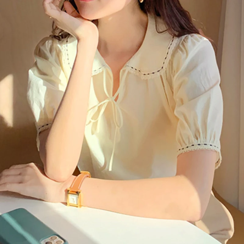 Женская Однотонная рубашка с воротником Питер Пэн и буффами на рукавах | одежда