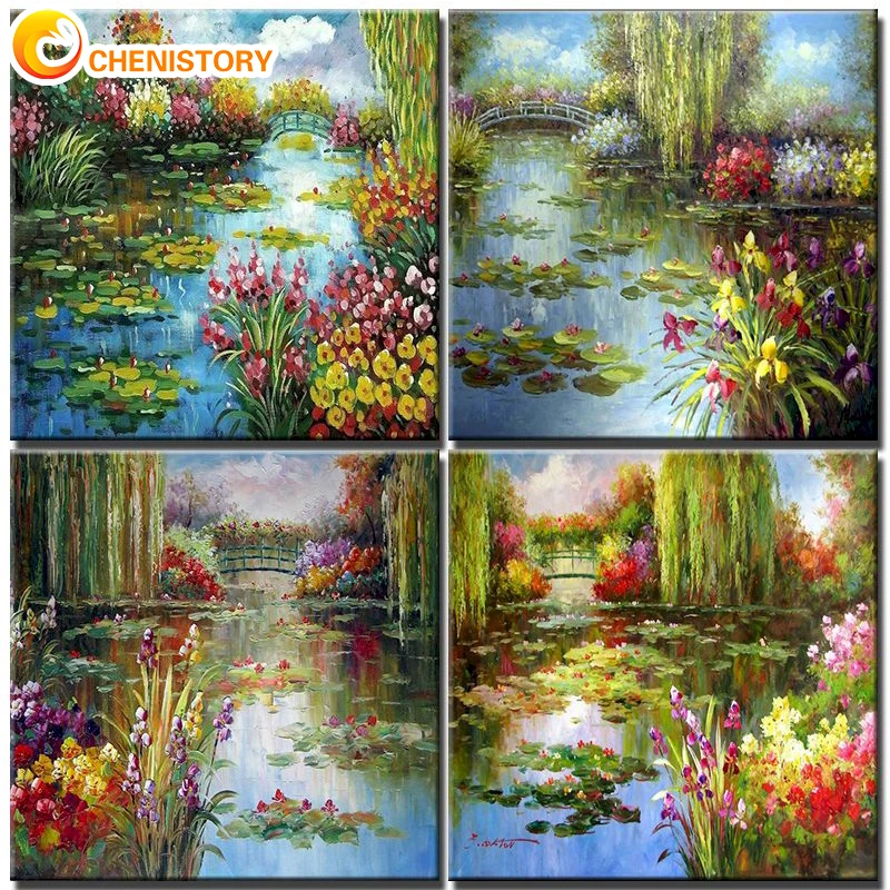 

CHENISTORY Lotus Pond DIY Painting By Numbers Flowers For Adults Kits Picture Drawing Acrylic Paint Coloring By Number Decor Art