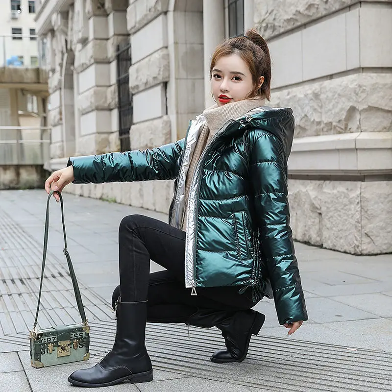 

Women 2021 Winter Jacket Parkas Coat Female Cotton-Padded Clothes Fashion Loose Bright Hooded Cotton Parkas Outwear Femme Y224