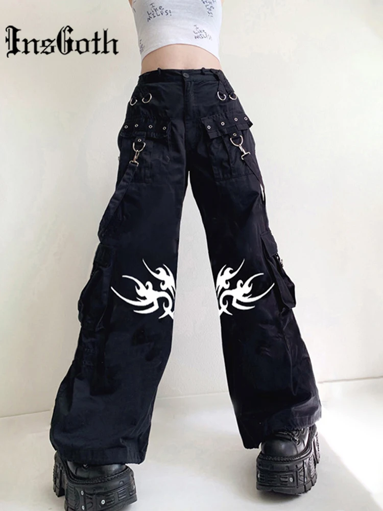 

InsGoth Harajuku Punk Black Print Pants Gothic Grunge Pocket With Chain Loosed Low Waist Trousers Streetwear E Girl Cargo Pants