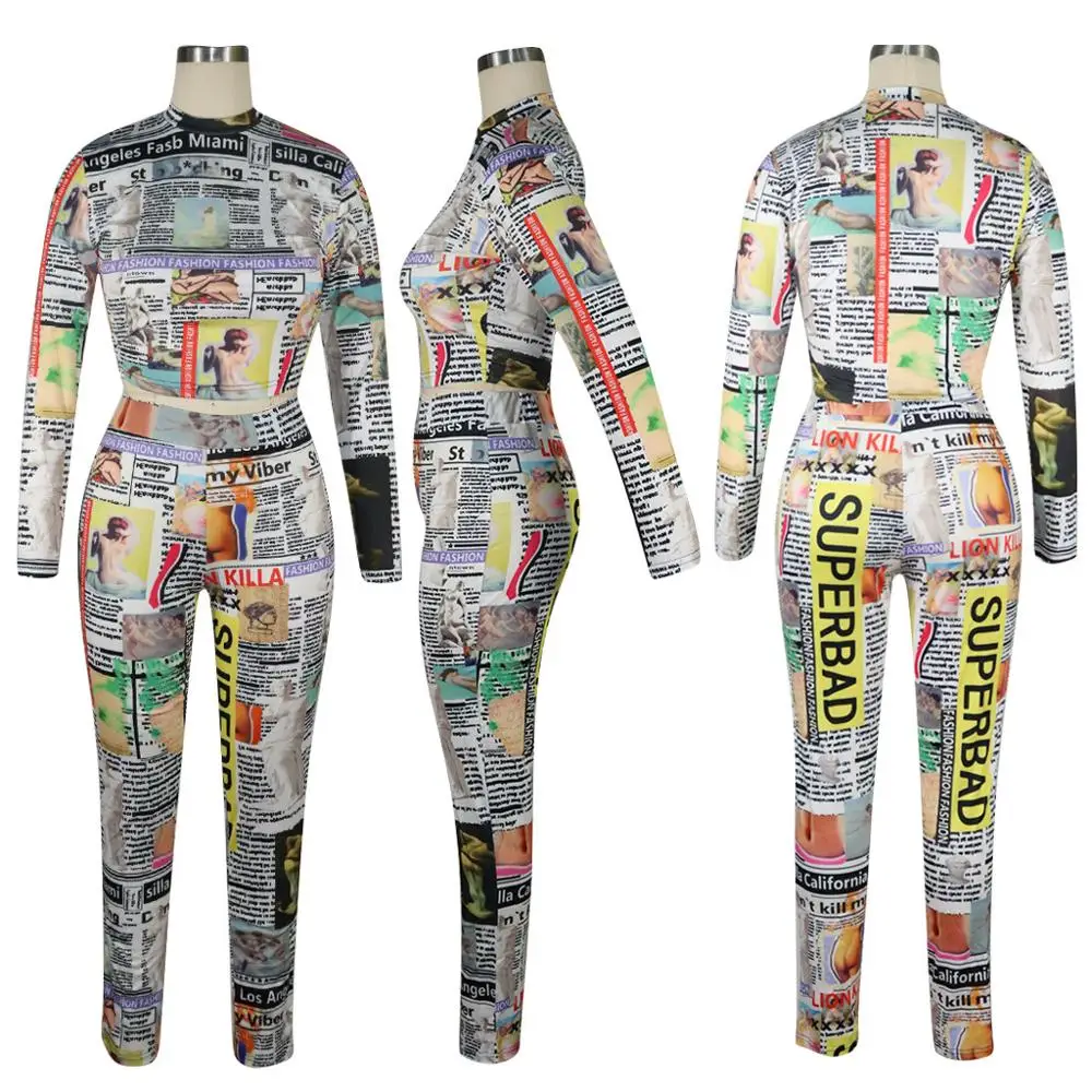 Осенний комплект для газета письмо с принтом женская футболка длинными рукавами