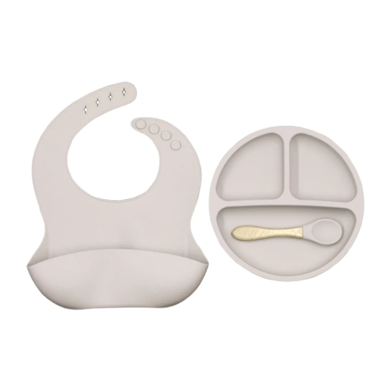 

3 Pcs/Set Baby Training Feeding Food Bowl Spoon Bibs Set Anti Slip Silicone Suction Divided Plate Tray Utensil BPA-Free