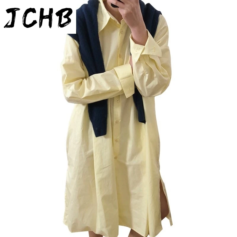 

JCHB 2021 New Spring And Summer Fashion Casual Long Sleeve Solid Color Simple Loose Thin A-line Shirt Dress Women SH141