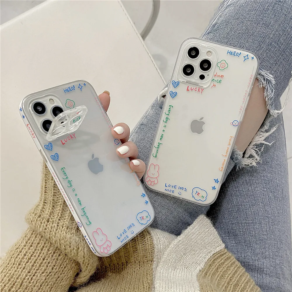 

Graffiti Color Bear Transparent Phone Case For iPhone 13 12 11 PRO MAX XS X XR 7 8PLUS Soft Frame Clear Bracket Protective Cover