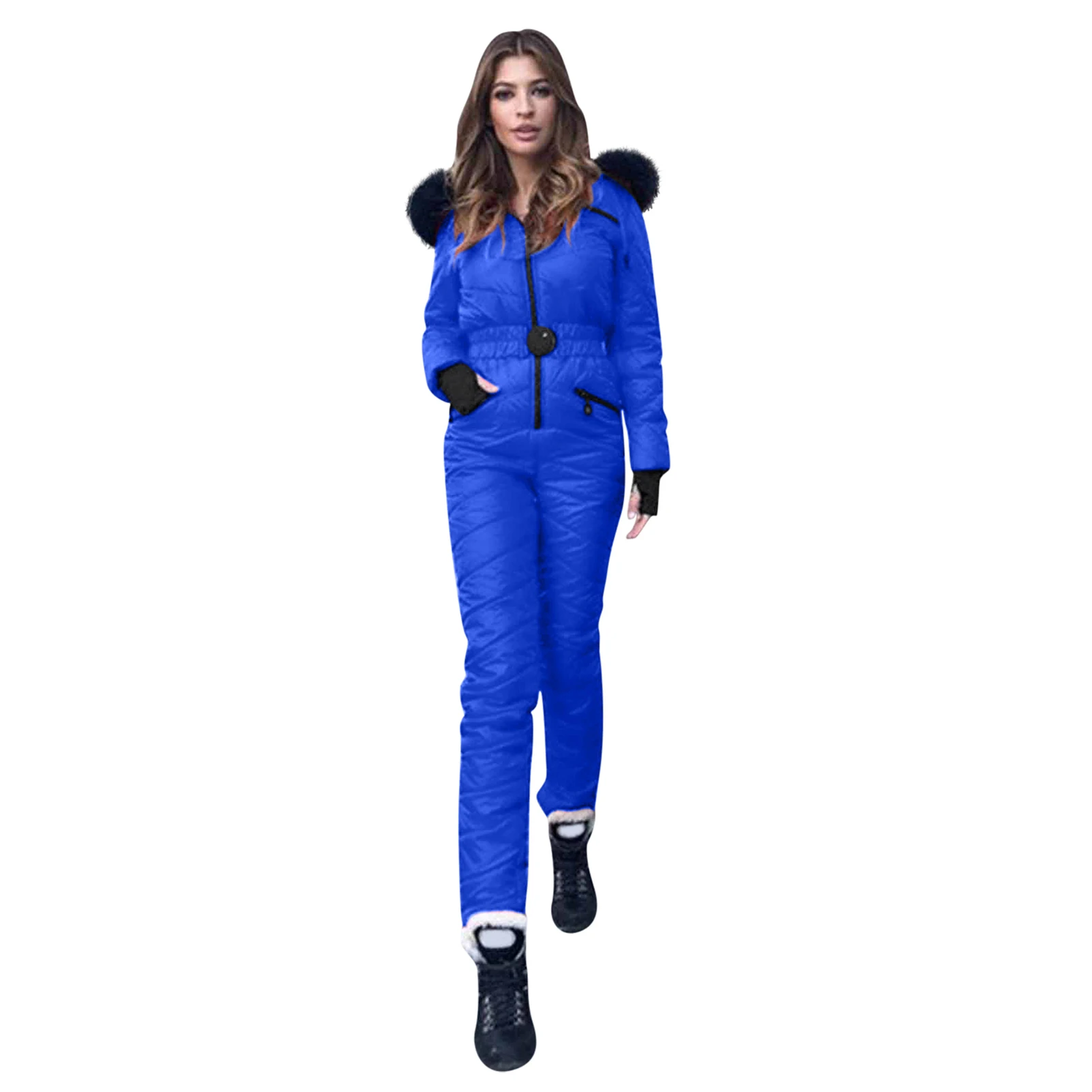 

Women Playsuit Solid Color Waterproof Padded Jumpsuit Winter Warm Hooded Rompers for Outdoor Skiing