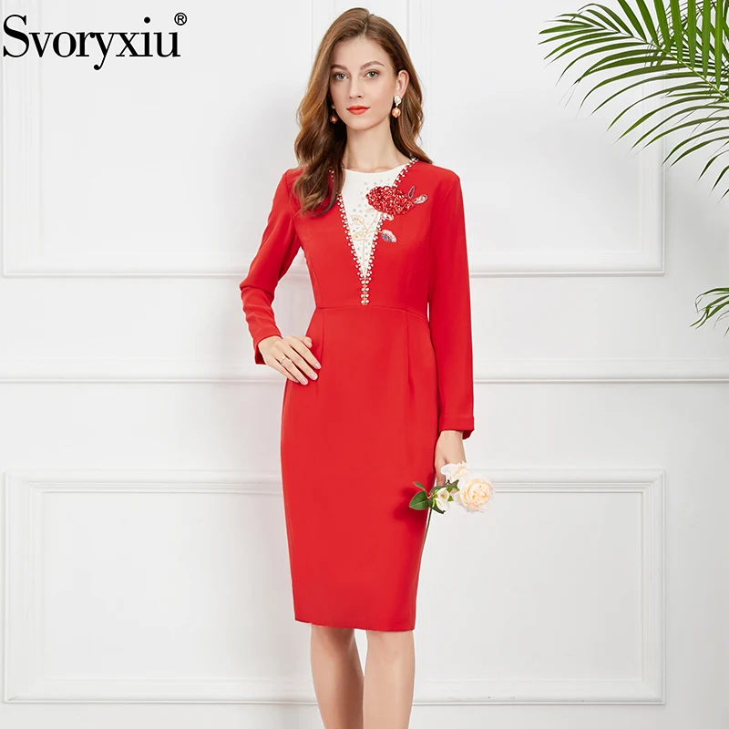 

Svoryxiu Fashion Autumn Woman Elegant Knee-Length Pencil Dress O-Neck Floral Pattern Diamond Beaded Sequins Gorgeous Dresses