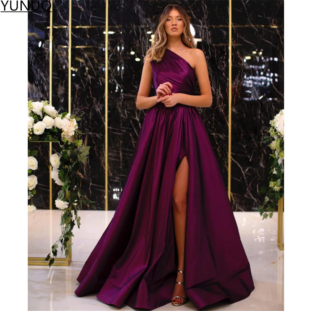 

YUNUO Elegant Purple Long Prom Evening Dresses One Shoulder Satin Side Slit Party Gowns A-line Sleeveless Formal Occasion Dress