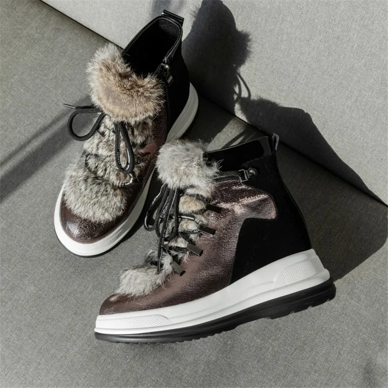 

MStacchi Women Winter Warm Wool Ankle Boots Woman Genuine Leather Outdoor Snow Shoes Mujer Lace-Up Non-slip Flats Platform Boots