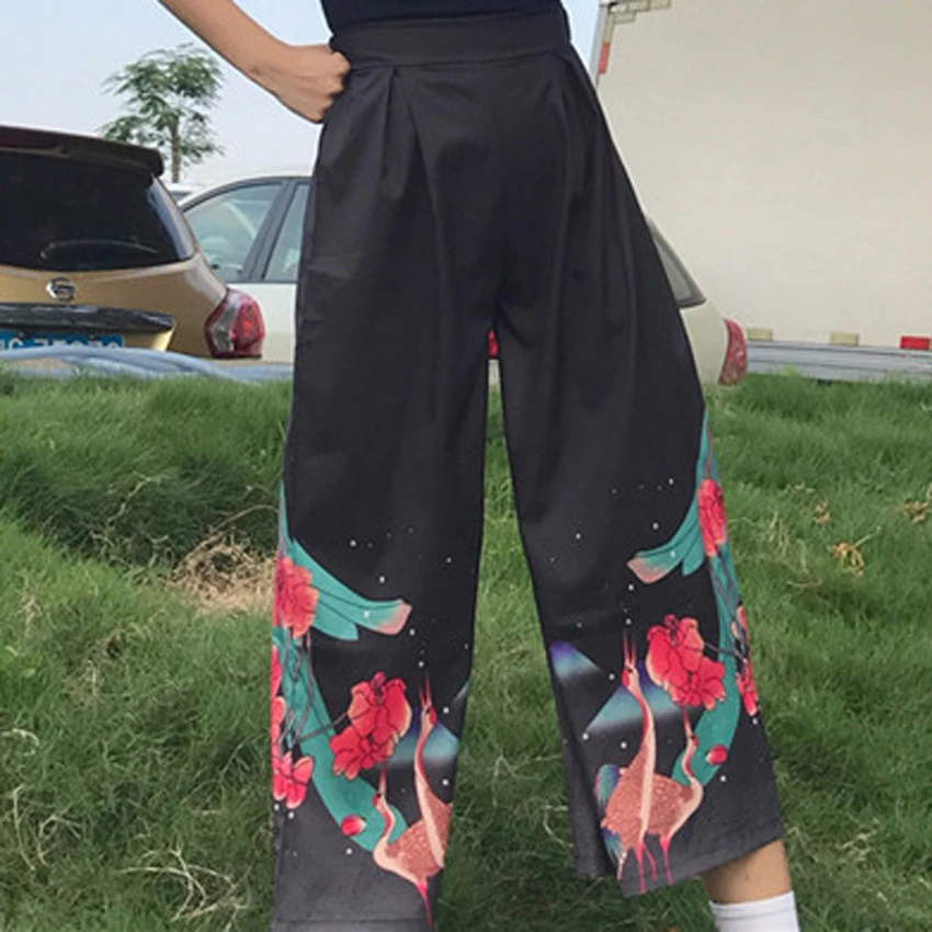 Crane trousers Унисекс, женское японское кимоно хаори, тонкое солнцезащитное пальто, кардиган Ukiyo, Мужские Широкие штаны, свободные штаны-шаровары для отдыха - Цвет: Crane trousers