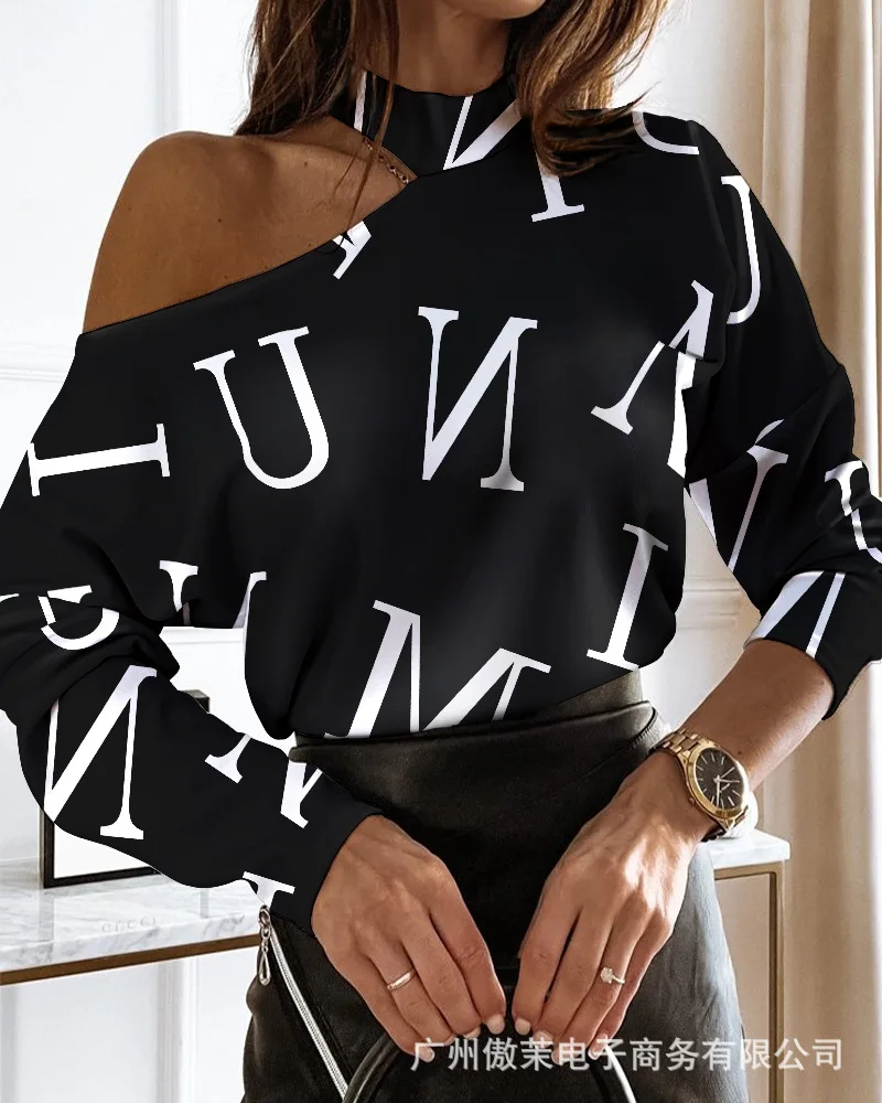 

2022 women's new style long-sleeved printed off-the-shoulder top