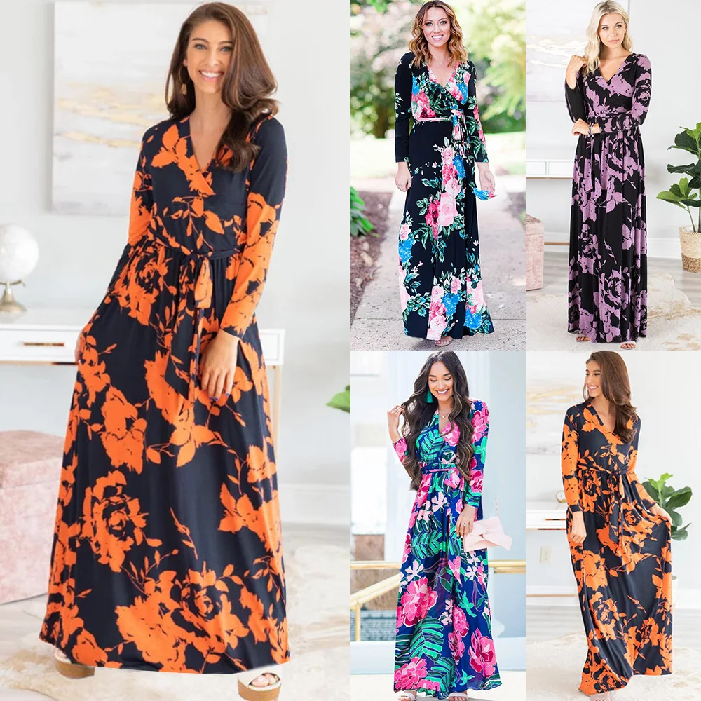 

New hooded long skirt 2021 autumn and winter long-sleeved printed v-neck women's dress