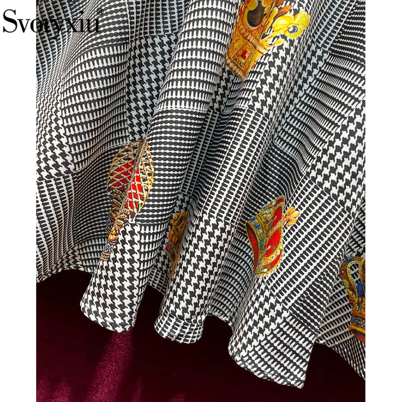 

Svoryxiu Fashion Runway Autumn Vintage Plaid Dress Women's Lantern Sleeve Beaded Diamond Crown Print Dresses Vestdios