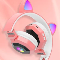cute rgb light cat ear headphones bluetooth 5 0 wireless gaming headset portable foldable pink purple color kawaii earphone