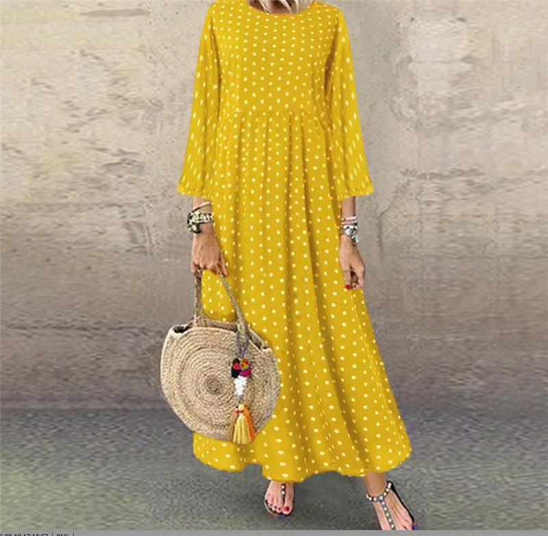 YELITE осеннее Женское Платье макси с принтом в горошек Плиссированное длинным