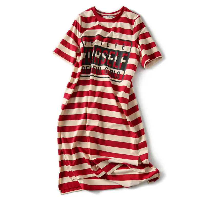 

[2021] striped short sleeve dress children's summer new loose T-shirt mid length Fairy Dress