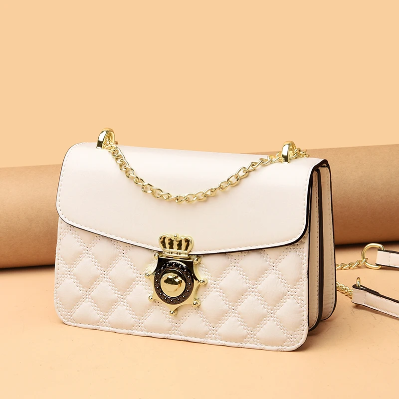 

Diamond Lattice Flap Bags for Women Quality Leather Messenger Bag Small Handbag with Crown Lock Lady Quilted Chain Crossbody Bag