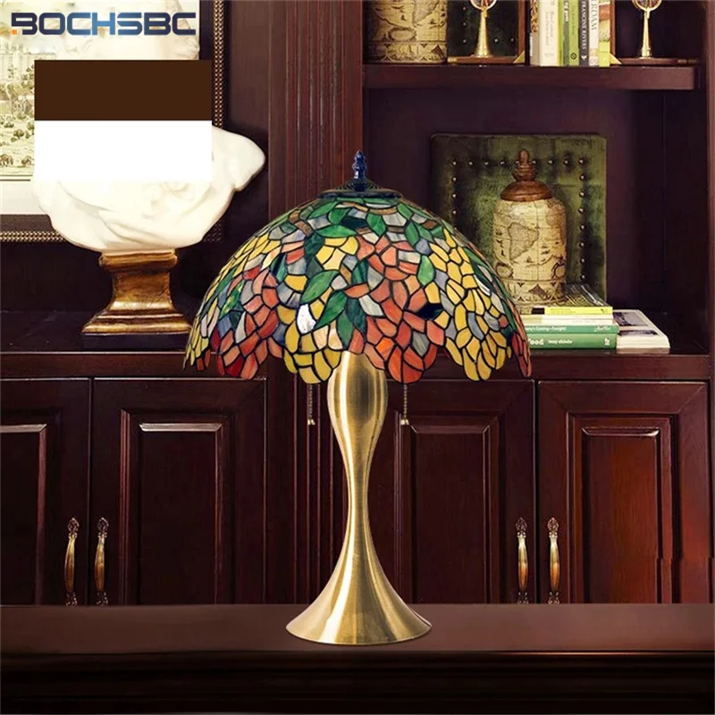 

BOCHSBC Red Rose Tiffany Style Desk Light Stained Glass Table Lamp Jade Colorful Wisteria Lampshade Handicraft Art Antique Decor