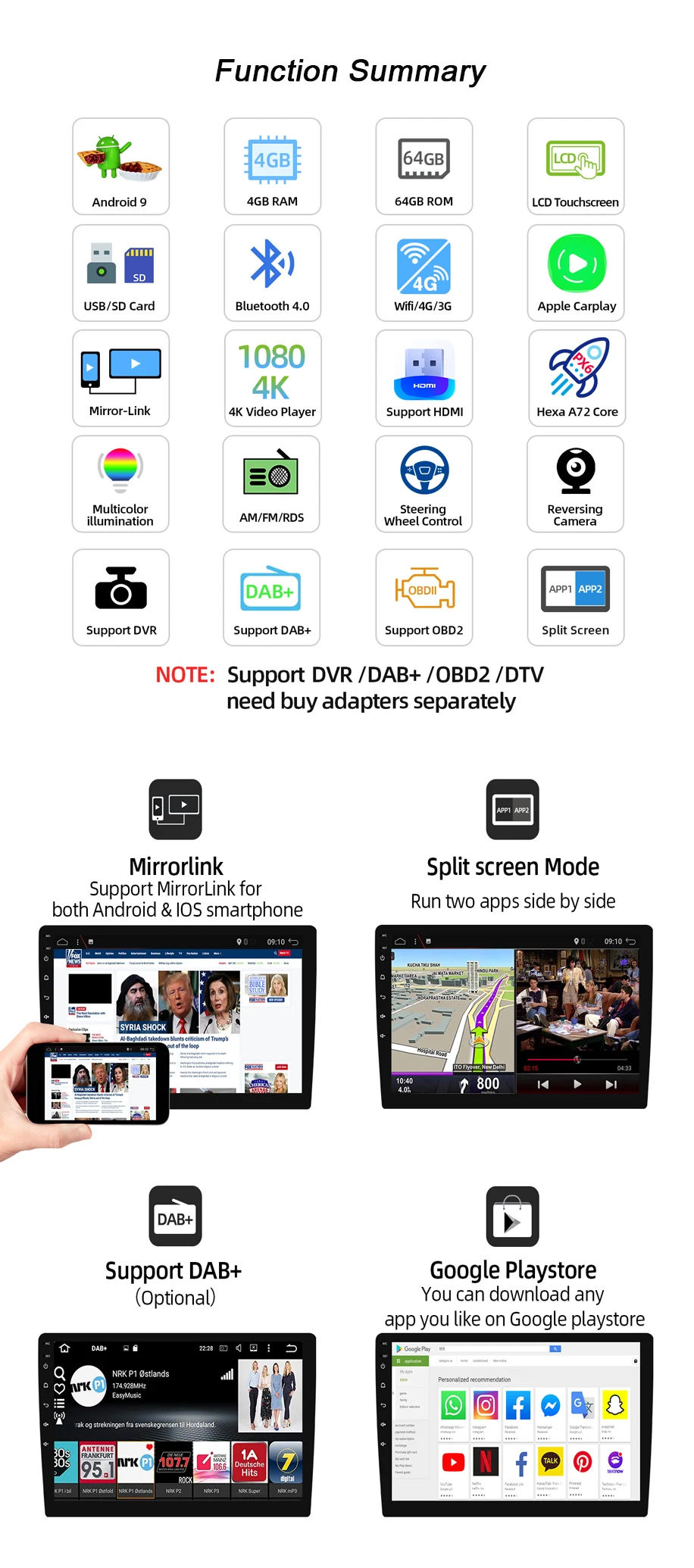 Android 9.0 touch screen 1 din HD 4K MP3 mirror link carplay PX6 multimedia auto radio car navigation GPS player for Lada Vesta