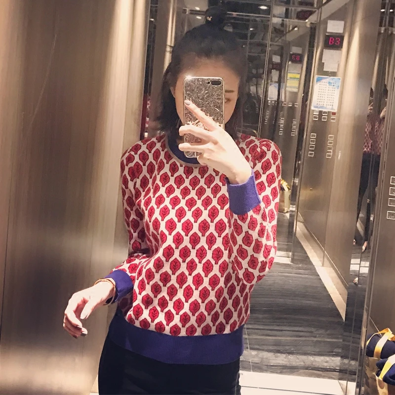 Long Sleeve O-Neck Lurex Christmas Pullovers Autumn Knitted Retro Tops Women New Vintage Red Leaf Jacquard Warm Sweaters C-007 | Женская