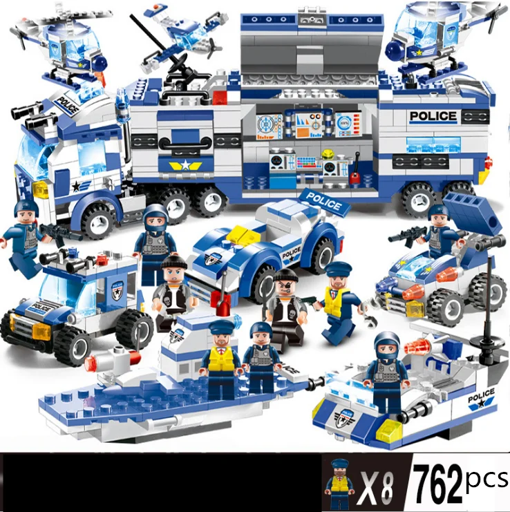8 IN 1 City Police Truck Building Blocks Newest 762+PCS City Police Series Blocks SWAT DIY Bricks Building Toy For Children