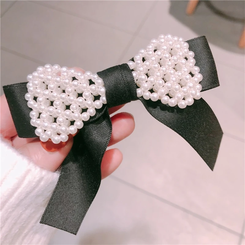 

2021 Double Layer Imitation Pearl Bowknot French Barrette Women Girls Vintage Large Bows Hair Clips Elegant Ponytail Hairpins