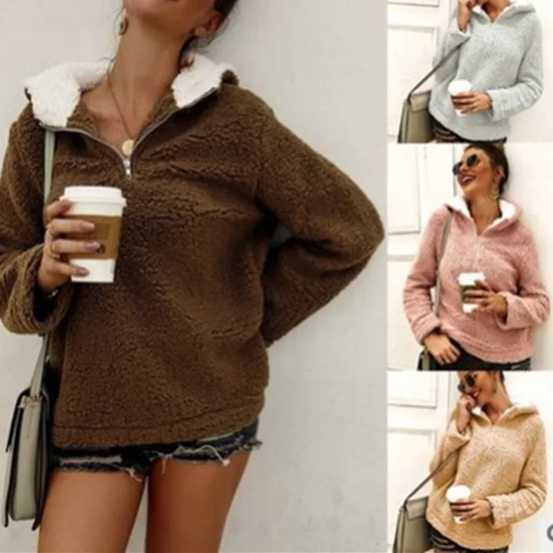 

Unaiza Women's Warm Jacket Fall Winter Plush Jacket Zipper Hooded Sweater Solid Color Fleece Loose 2020 New Fashion Casual Jacke