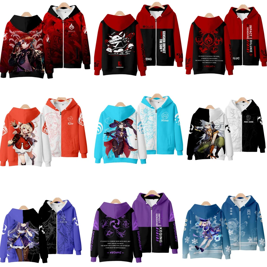 

Genshin Impact Cosplay Costume Hu Tao Tartaglia Klee Diluc Venti Paimon Zhongli Keqing Unisex 3D Hoodie Zipper Hooded Sweatshirt