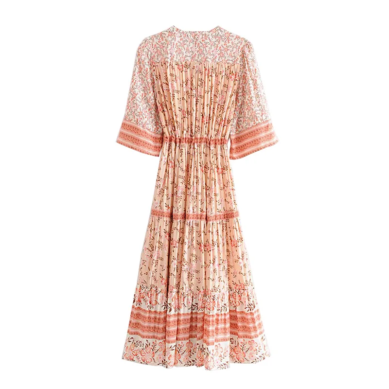 Женское винтажное платье в стиле бохо летнее плиссированное с цветочным принтом