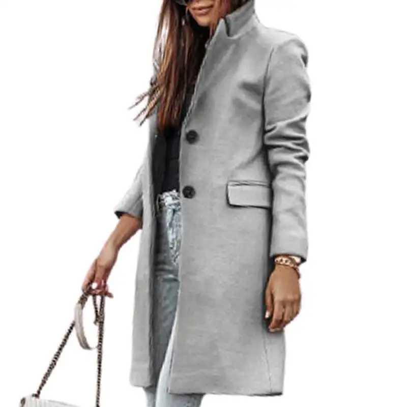 

Winter Women's Coat Solid Long Cotton Woolend Coat Jacket Female Pocket Button Turn-Down Collar Long Sleeve Jacket Coat
