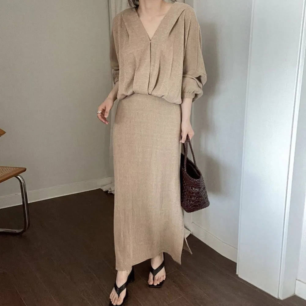 

2021 Korean Fashion Women Dress Khaki V-neck Long Sleeve Casual Simplicity Autumn New Loose Pullover Ladies Dresses