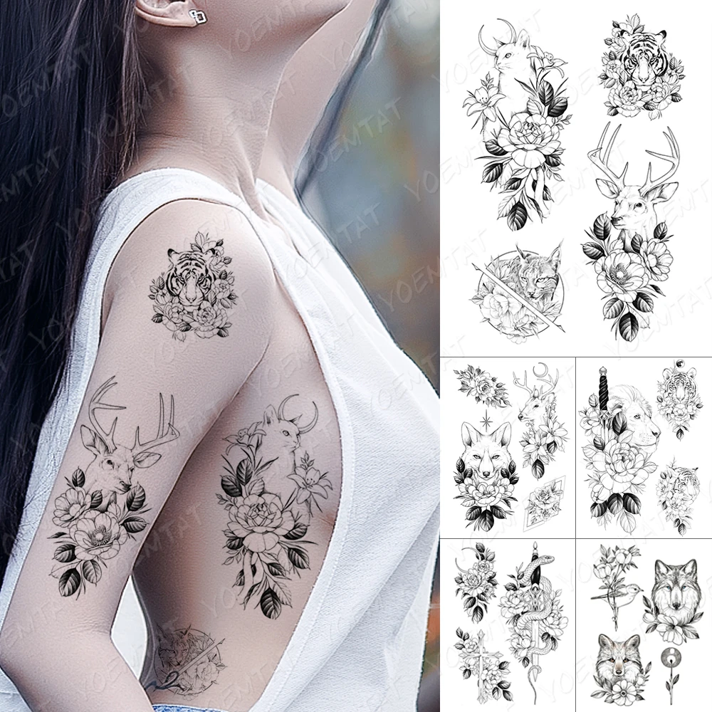 

Waterproof Temporary Tattoo Sticker Line Fox Deer Flowers Flash Tattoos Lion Cat Tiger Snake Wolf Body Art Arm Fake Tatoo Women
