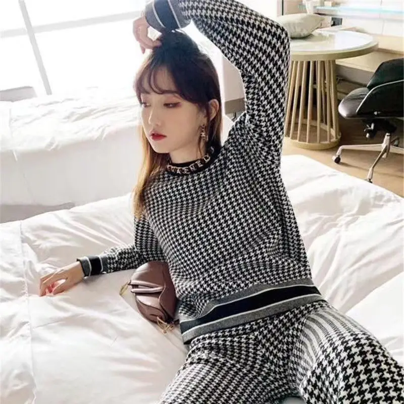

2021 new High-Quality Suit] Autumn and Winter Houndstooth Fashionable Loose All-Match Sweater Wide Leg Slimming Trousers