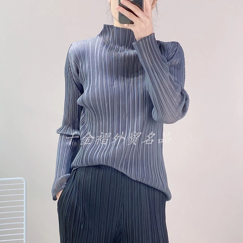 Ранняя Осенняя женская блузка с высокой горловиной, большой размер, высокая эластичность, однотонная Повседневная универсальная блузка