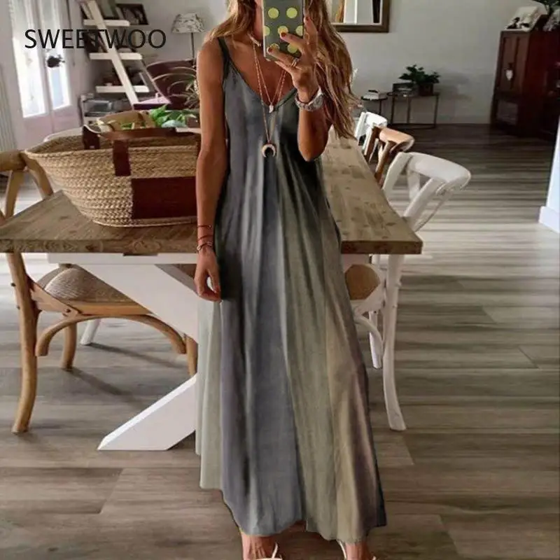 

Summer Luminous Print Dress Women Casual V Neck Spaghetti Strap Sleeveless Long Dress Bohemian Ankle Length Maxi Dresses Vestido