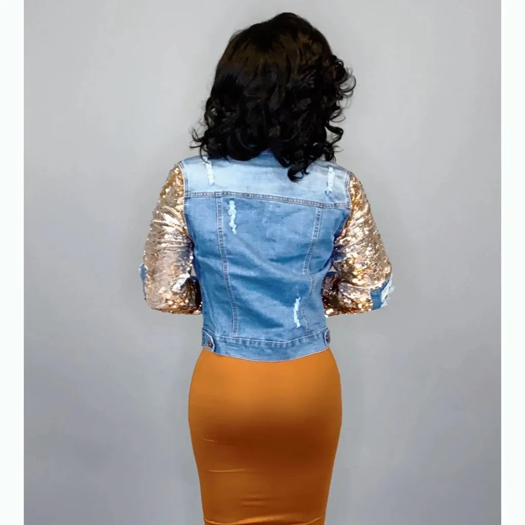 

women's Sequin washed denim jacket