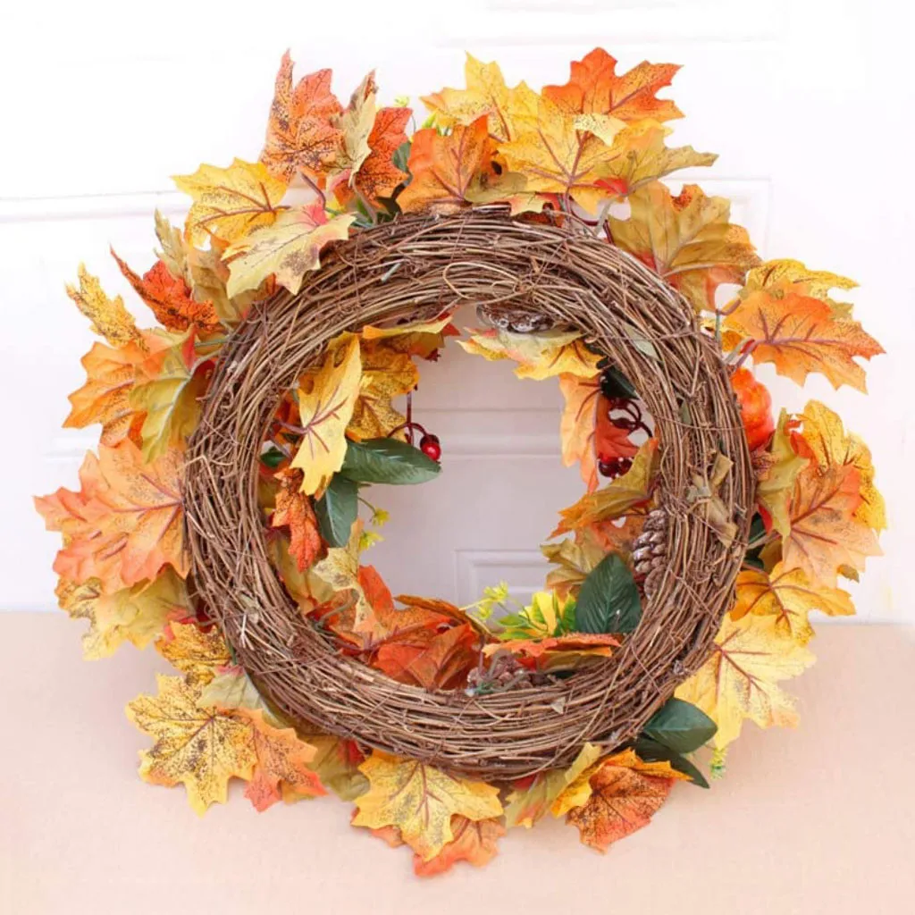 

Autumn Theme Door Wreath Artificial Pumpkin Berries Pine Cone Maple Manmade Garland Cloth Rattan Material Home Decoration #93
