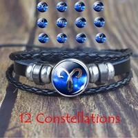 12 constellations augury black leather bracelet zodiac multi layered braided bracelets sagittarius capricorn aquarius pisces